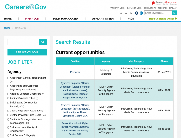 Screenshot of Careers@Gov Job Listings (Jan 2021)