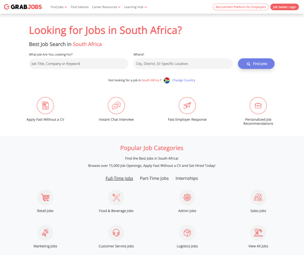 Screenshot of GrabJobs South Africa page