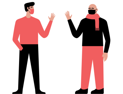 two male cartoon illustrations wearing face masks and greeting with social distancing ambassadors