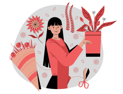 red cartoon illustration of a girl working part-time in a flower shop