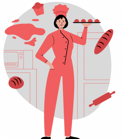 red cartoon illustration of a female baker carrying a tray of bread