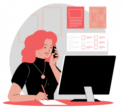 red and black cartoon illustration of a telemarketer girl having a phone call and working in front of a monitor